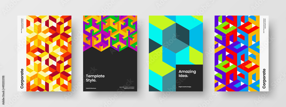Fresh book cover A4 vector design layout composition. Creative mosaic hexagons annual report concept set.