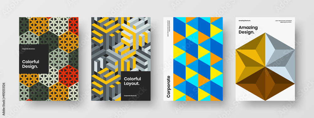 Creative mosaic hexagons leaflet illustration collection. Trendy postcard A4 design vector layout bundle.