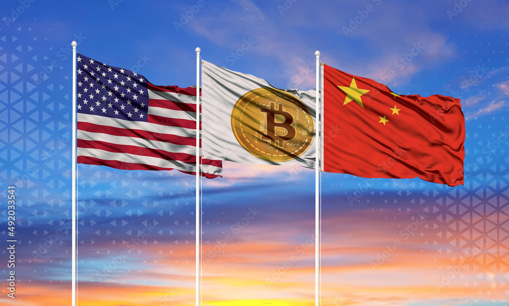 Flags of China and the United States and the flag of Bitcoin in the middle. The concept of exchange between the two countries with digital currency