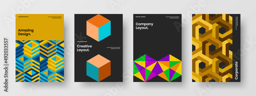 Creative company cover design vector layout set. Original geometric pattern pamphlet template bundle.