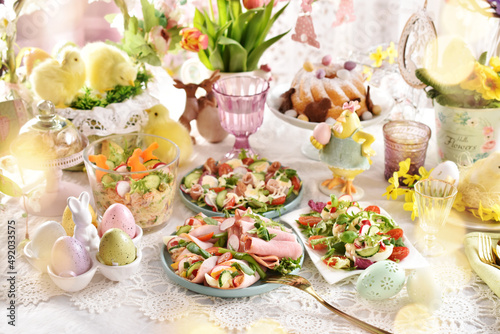Easter breakfast with fresh salads and eggs
