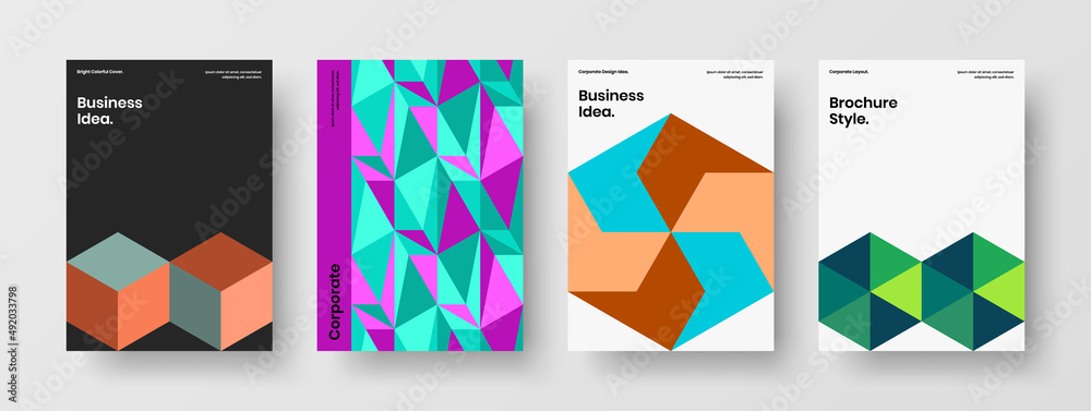 Multicolored mosaic shapes corporate brochure illustration set. Abstract placard A4 vector design concept collection.
