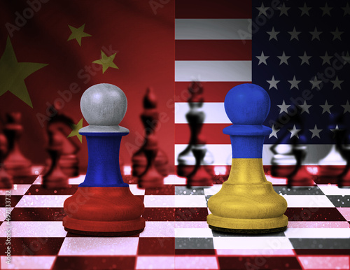 Russia Ukraine war, conflict, confrontation. Fighting between Russia Ukraine,With USA and China flag background