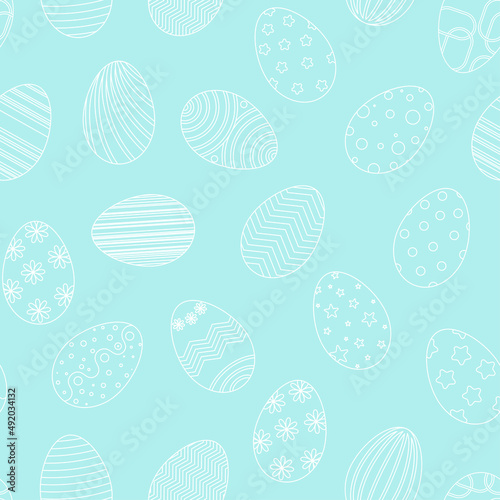 Delicate pastel heavenly seamless Easter pattern. The contour egg on blue background. Festive template for paper, fabric, packaging and design vector illustration