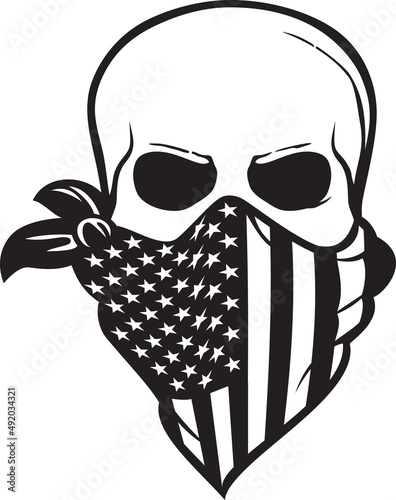Human skull with American flag bandana black and white. Vector illustration.