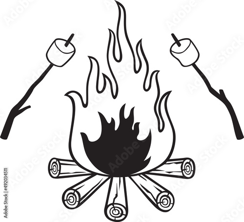 Campfire and Marshmallow on a stick. Vector illustration.