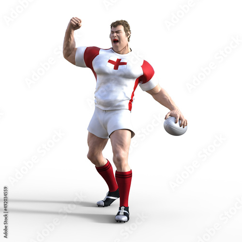 3D Illustration of a English Rugby Player as they fist pump the air in celebration after scoring a try and winning the championship rugby match. A stylized rugby character with superhero features.