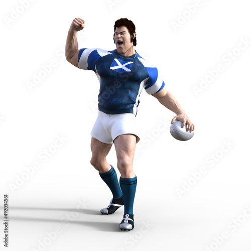 3D Illustration of a Scotish Rugby Player as they fist pump the air in celebration after scoring a try and winning the championship rugby match. A stylized rugby character with superhero features. photo