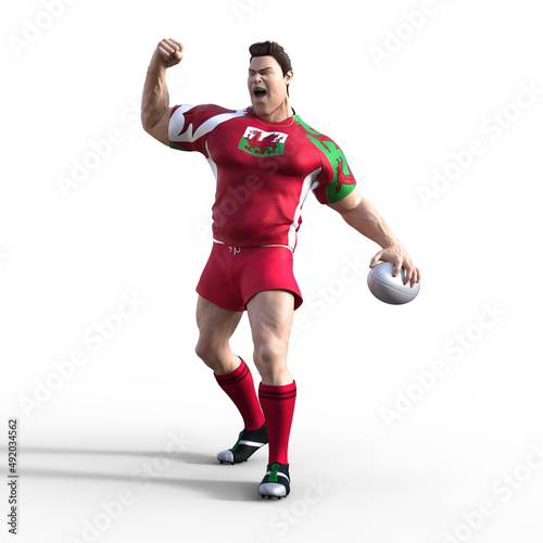 3D Illustration of a Welsh Rugby Player as they fist pump the air in celebration after scoring a try and winning the championship rugby match. A stylized rugby character with superhero features.