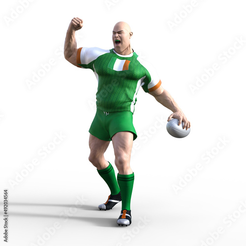 3D Illustration of a Irish Rugby Player as they fist pump the air in celebration after scoring a try and winning the championship rugby match. A stylized rugby character with superhero features.