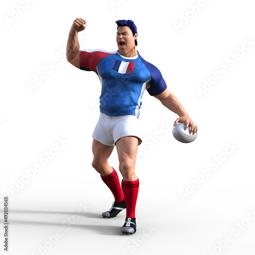 3D Illustration of a French Rugby Player as they fist pump the air in celebration after scoring a try and winning the championship rugby match. A stylized rugby character with superhero features.