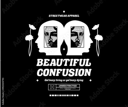 Illustration of beuatiful confusion futuristic design, t shirt design, vector graphic, typographic poster or tshirts street wear and Urban style