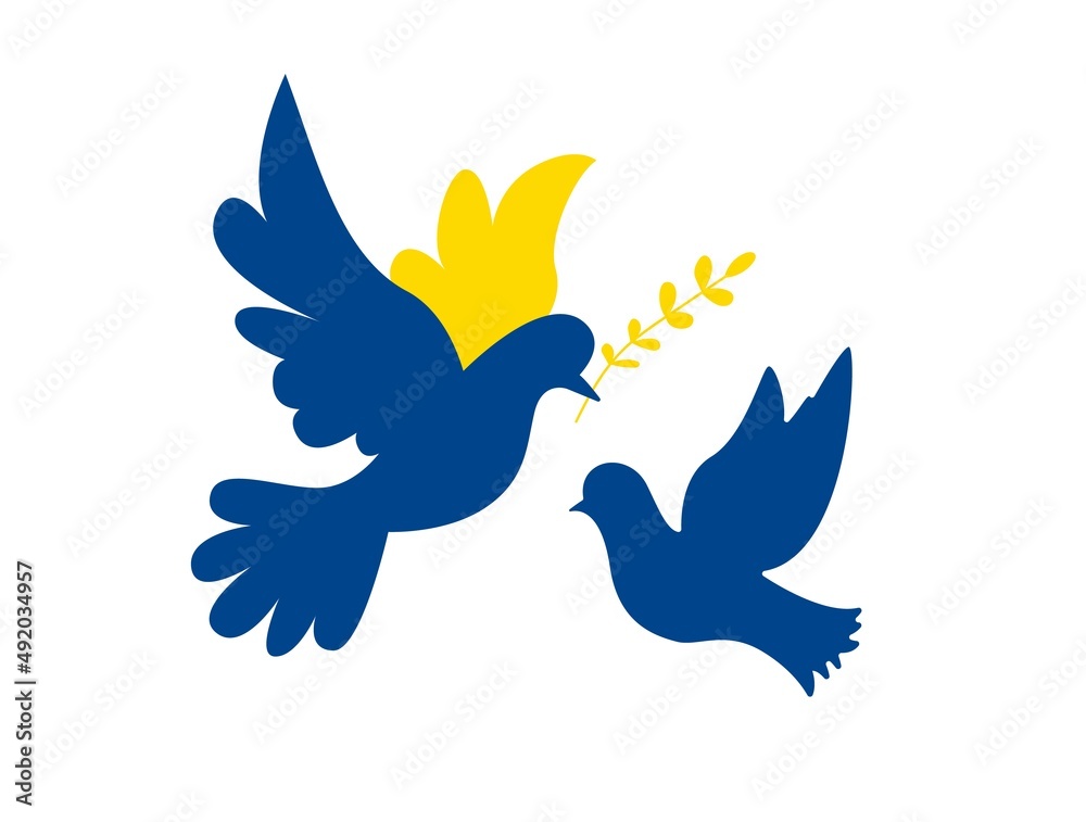 Obraz premium Flag of Ukraine in the form of a dove of peace. The concept of peace in Ukraine. Pray for Ukraine. Crisis in Ukraine. Stop war map. Vector illustration