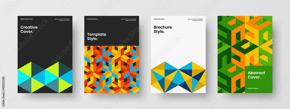 Abstract geometric pattern handbill template bundle. Vivid catalog cover A4 design vector concept collection.