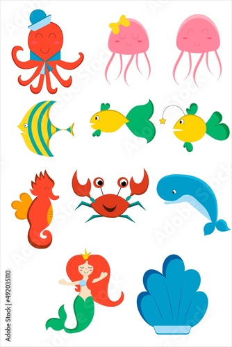 Set of cartoon sea creatures