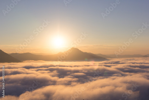 Beautiful sunlight and fog at Phu Thok Mountain at Chiang Khan ,Loei Province in Thailand