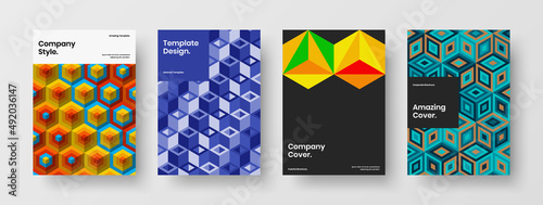 Isolated booklet A4 vector design layout collection. Bright geometric hexagons placard concept composition.