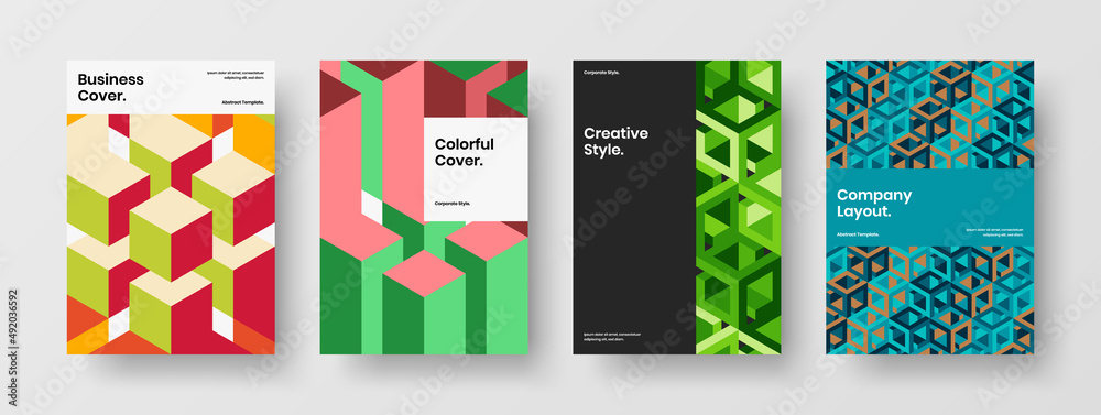 Simple catalog cover vector design concept set. Colorful geometric hexagons flyer layout collection.