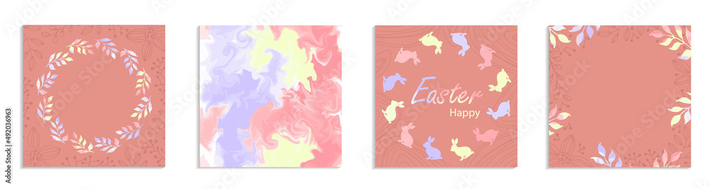 Happy Easter banner. Square cards for posting on social networks. Holiday promo templates. Set of border frames. Vector illustration. Happy Easter banner. Square cards for posting on social networks. Holiday promo templates. Set of border frames. Vector illustration.