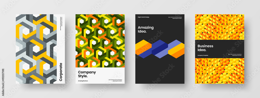 Fototapeta premium Trendy pamphlet vector design concept set. Creative mosaic hexagons corporate brochure layout collection.