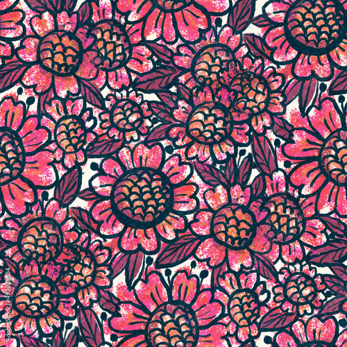 Seamless pattern with bright tropical flowers  for summer fabrics.  Acrylic painting.. Hand-drawn illustration. 