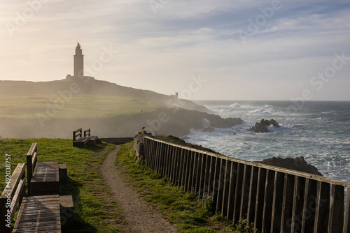 Tower of Hercules in the fog, walking park