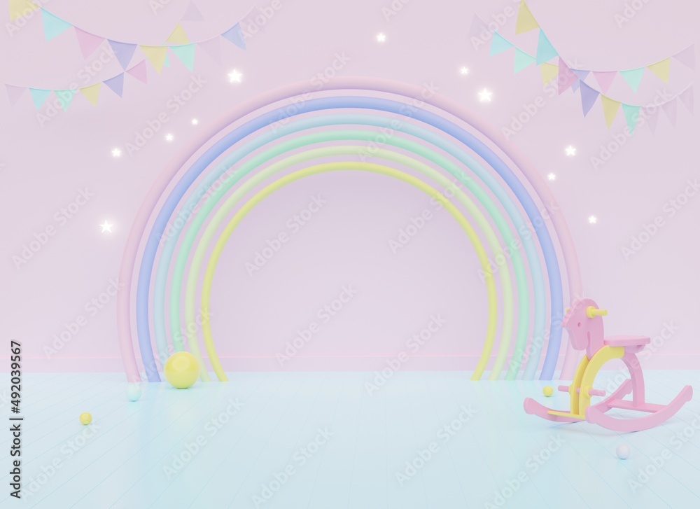 3D rendering of colorful pastel clouds and rainbow with empty space for kids or baby products. 3D rendering of colorful pastel clouds and rainbow with empty space for kids or baby products.