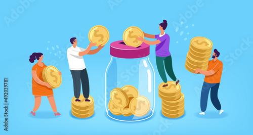 People carry money or coins to save in banking system. Financial literacy. Finance concept