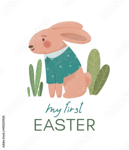 Happy Easter watercolor print. Cute spring illustration with rabbit. My first Easter.