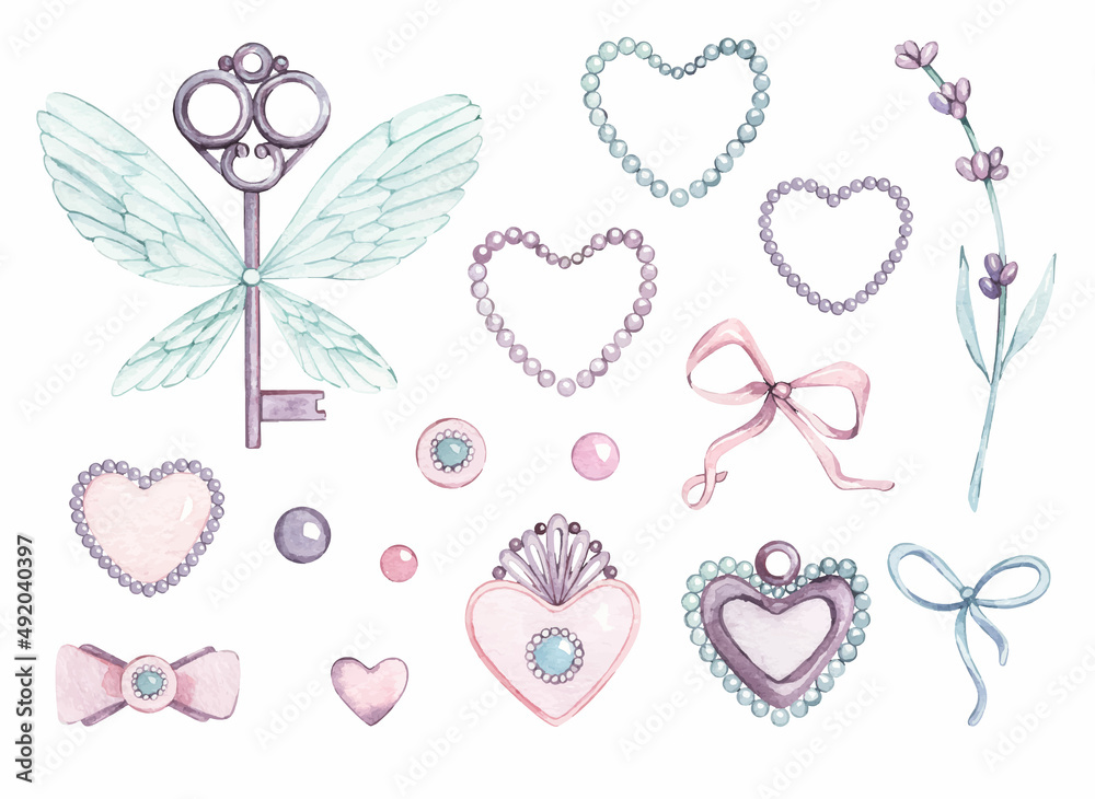 Watercolor set of Provence Lavender key heart brooch pendant precious stones button