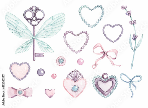 Watercolor set of Provence Lavender key heart brooch pendant precious stones button