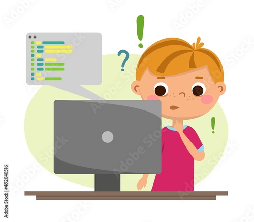The child writes the program code. Children robotics programming. Vector illustration isolated on a white background