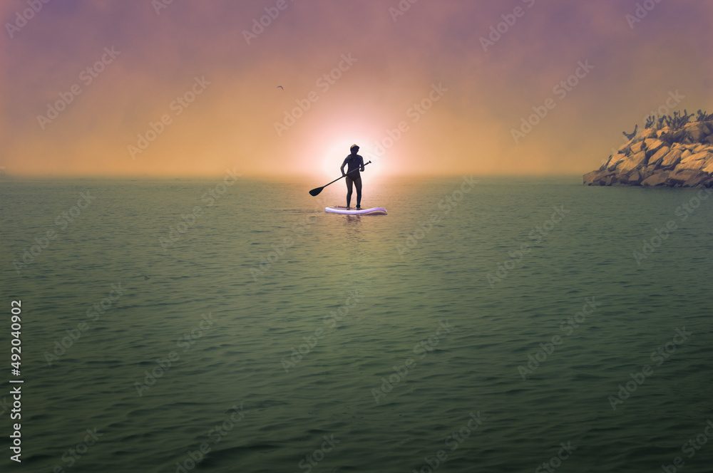Silhouette of a girl standing on a paddle board at sunset