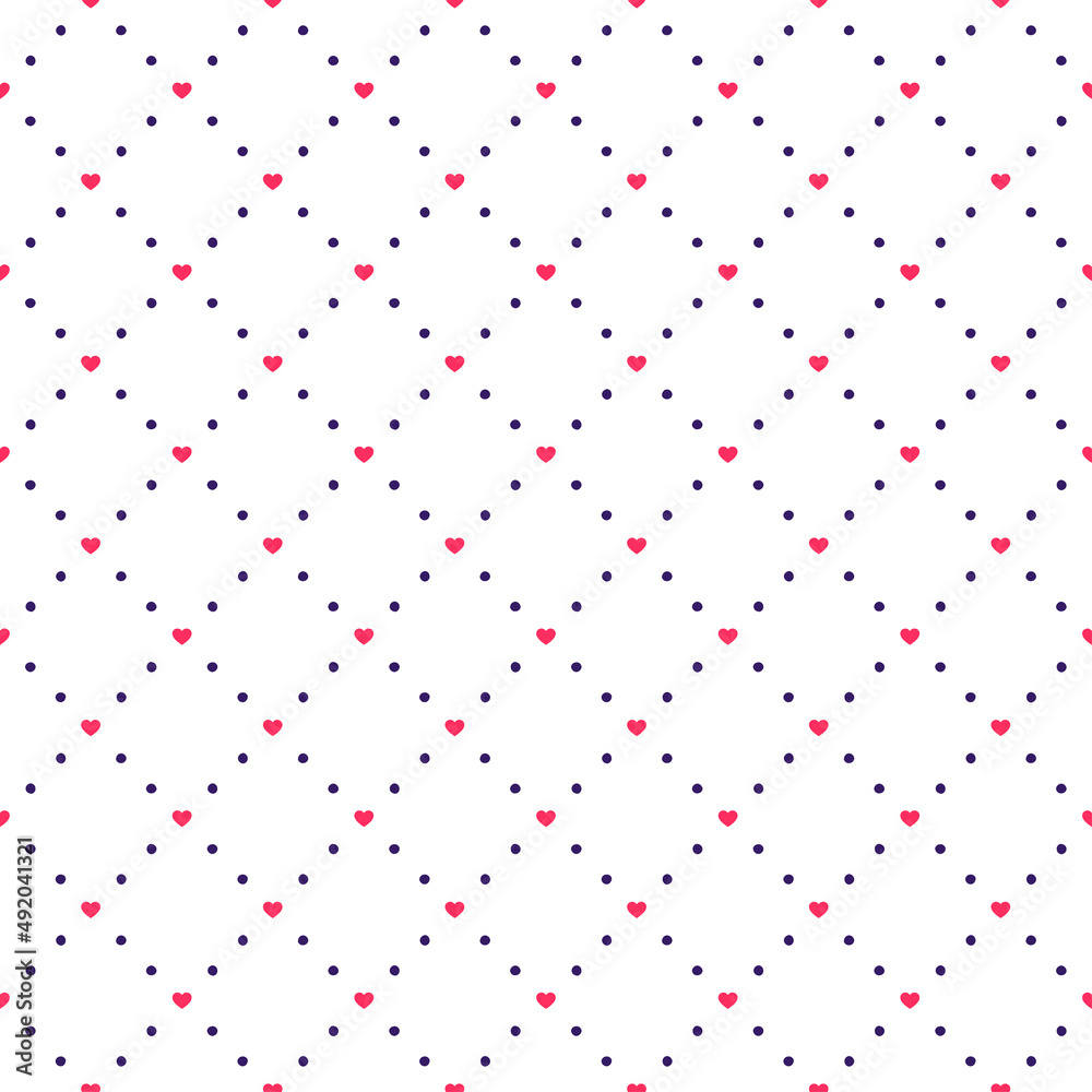 White seamless pattern with pink hearts and purple dots.