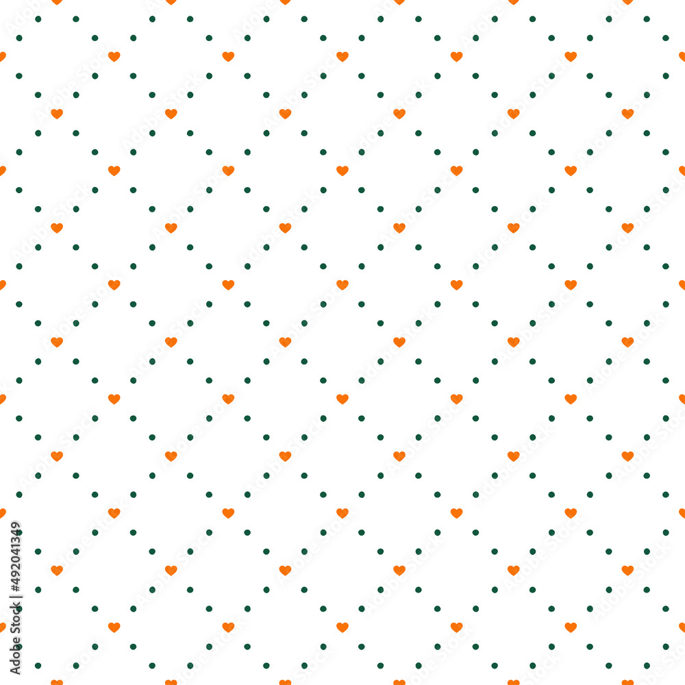 Seamless pattern with orange hearts and green dots.