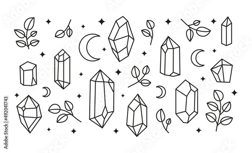 Set of hand drawn outline crystals and decor.