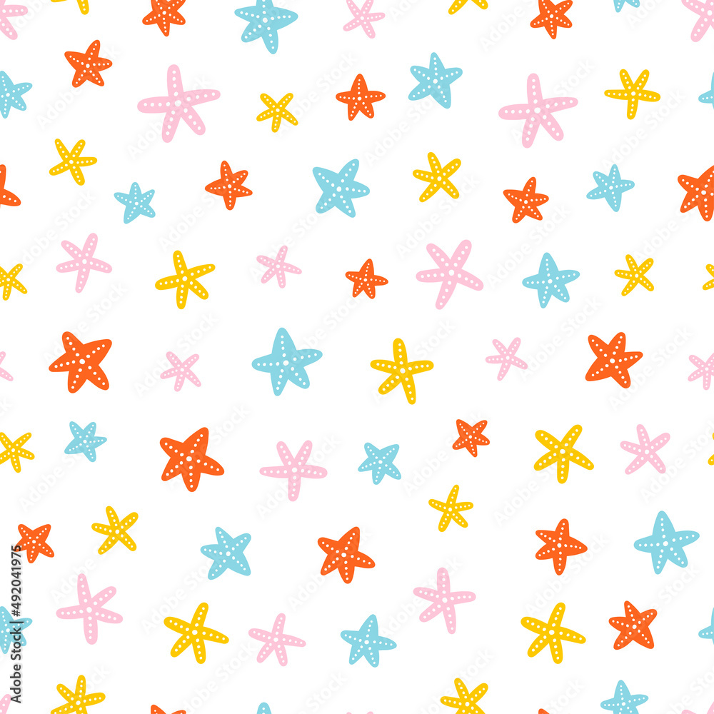 White seamless pattern with colorful starfish. White seamless pattern with colorful starfish.