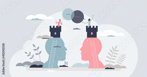 Political polarization and opposite opinions conflict tiny person concept. Candidates dialogue competition and debate confrontation with communication fight vector illustration. Leadership separation. photo