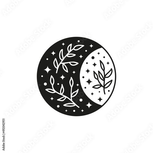 Hand drawn black celestial bohemian moon icon.