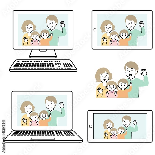 イラスト素材:オンライン帰省をするPCや携帯電話やタブレットセット（手を振る若夫婦と子供/主線あり）
