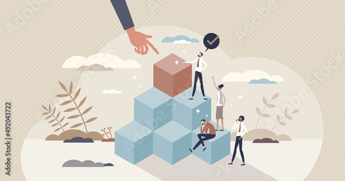 Leadership development and employee career improvement tiny person concept. Businessman goal ambitions target achievement with successful professional performance and boss skills vector illustration.