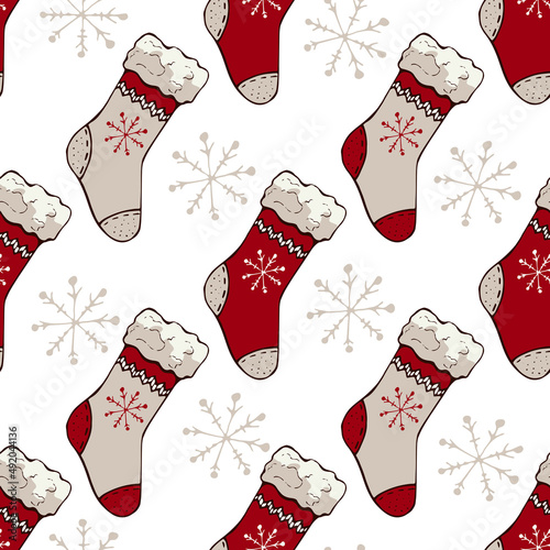 christmas red sock, seamless pattern christmas red sock, seamless pattern, snowflake, red, gray, graphics, knitted symbol of winter, traditional element