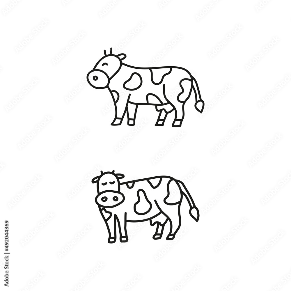 Cute doodle outline cows. Domestic farm animals.