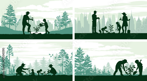 Family planting trees in the city and in the woods vector silhouette label collection