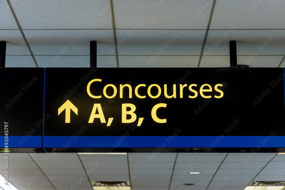International Airport Sign Concourses A B C in air terminal