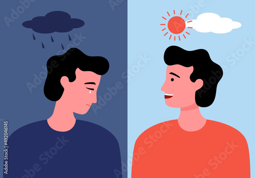 Man in sad and happy mood in flat design. Positive and negative thinking. Mental health care concept.