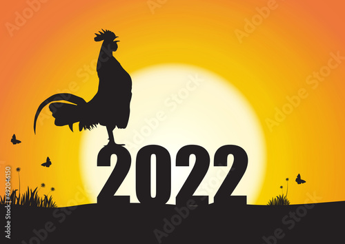 Silhouette of chicken crowing on number 2022 on sunrise background, new year celebration concept vector illustration