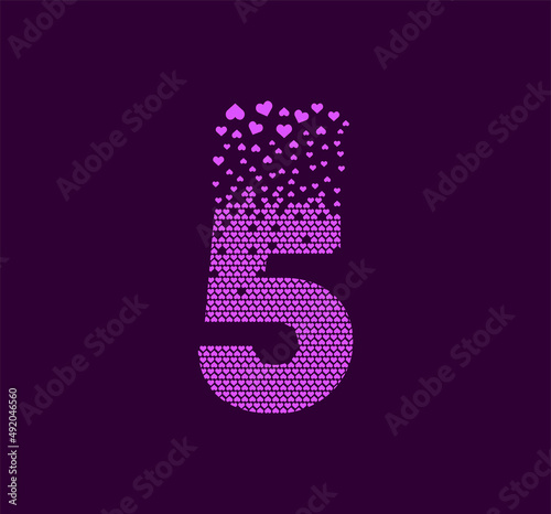 Heart number 5 animated pixel dot logo. Big 5 mark pixels up. It is filled with hearts. Complementary and integrative pixel movement. The modern heart connects the dots.