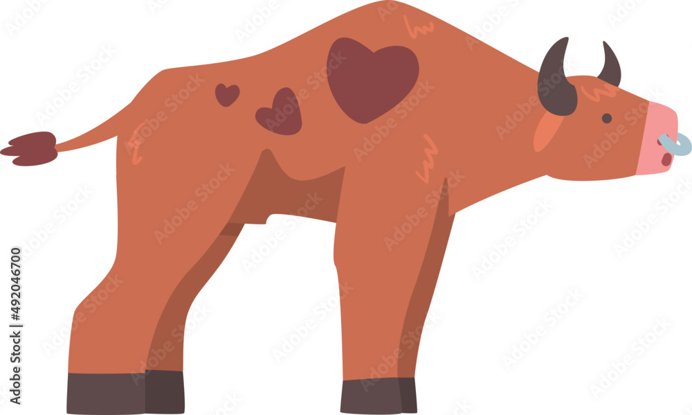 Εκτύπωση καμβά Brown Spotted Bull as Farm Cattle with Horns and Ring in the Nose in Standing Po