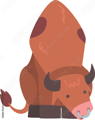 Brown Spotted Bull as Farm Cattle with Horns and Ring in the Nose in Standing Pose